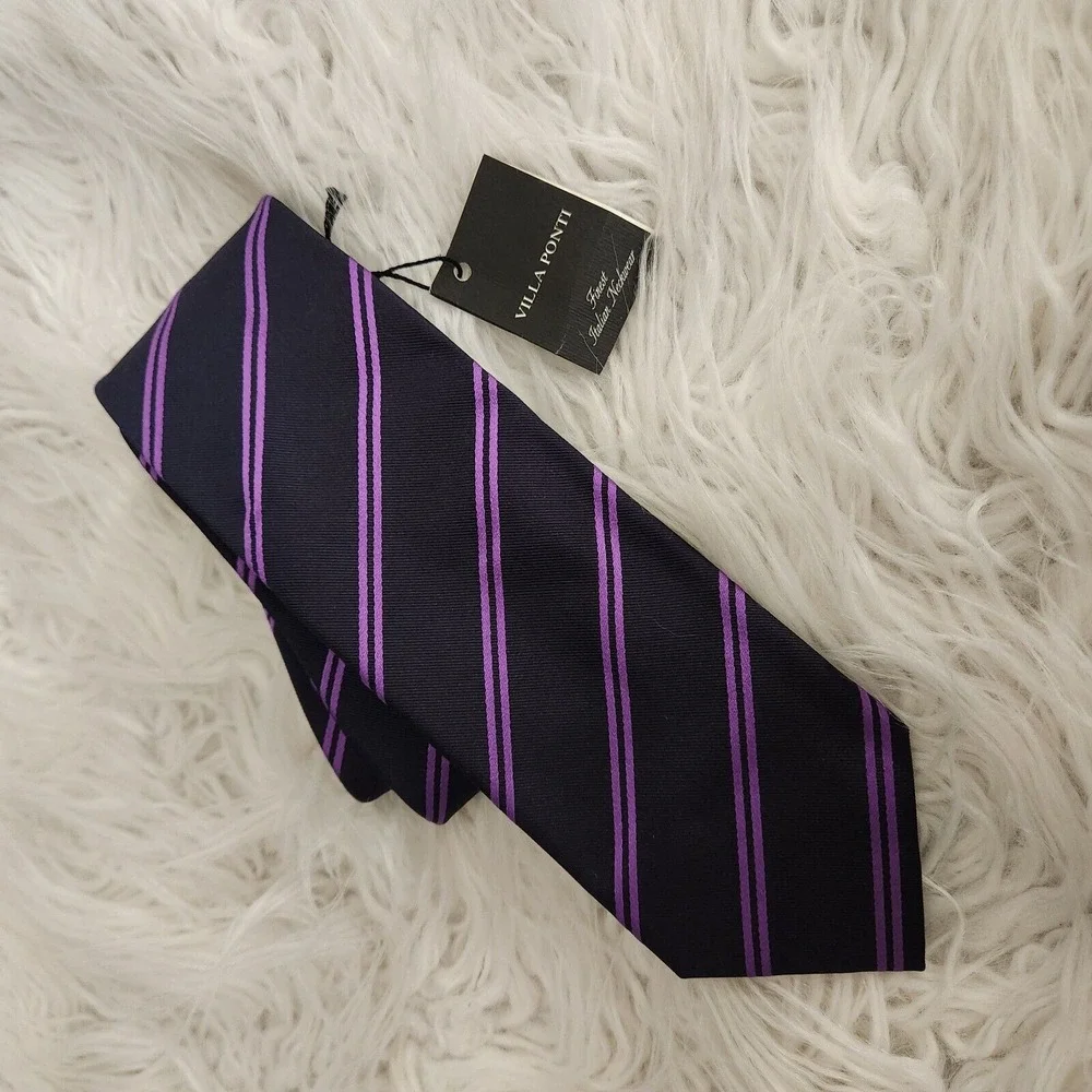VILLA PONTI‎ Mens Silk Stripe Tie Purple Classic Necktie ITALY NWT